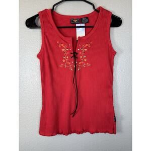 Vintage Y2K Route 66 Woman's M Red Embroidered Lace Up Boho Festival Tank NEW